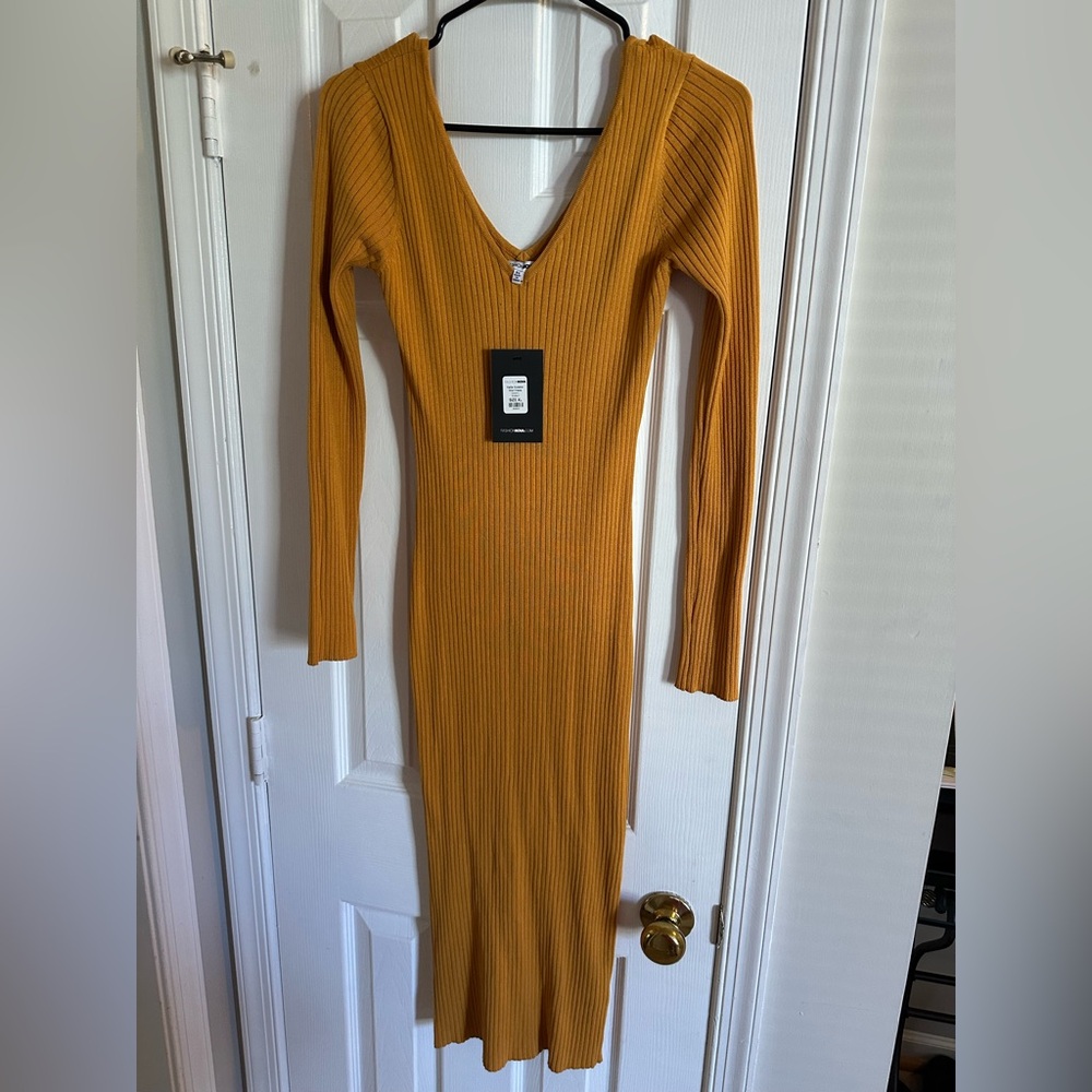 Fashion Nova Ribbed V-Neck Midi Dress in Mustard